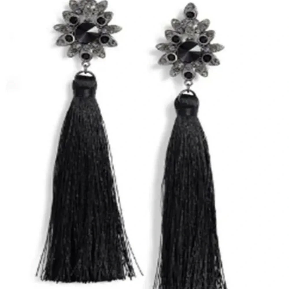 Tasha NWT Beaded Rhinestone Earrings with Black Tassels